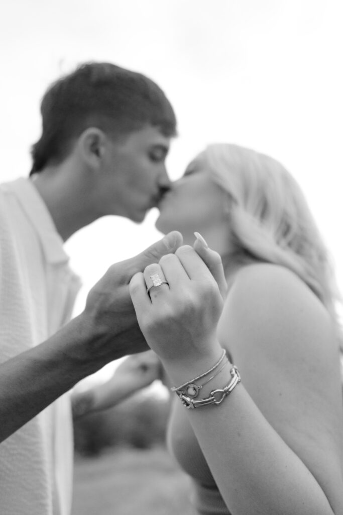 Oklahoma City Wedding photographer, black and white engagement photos showing off the ring