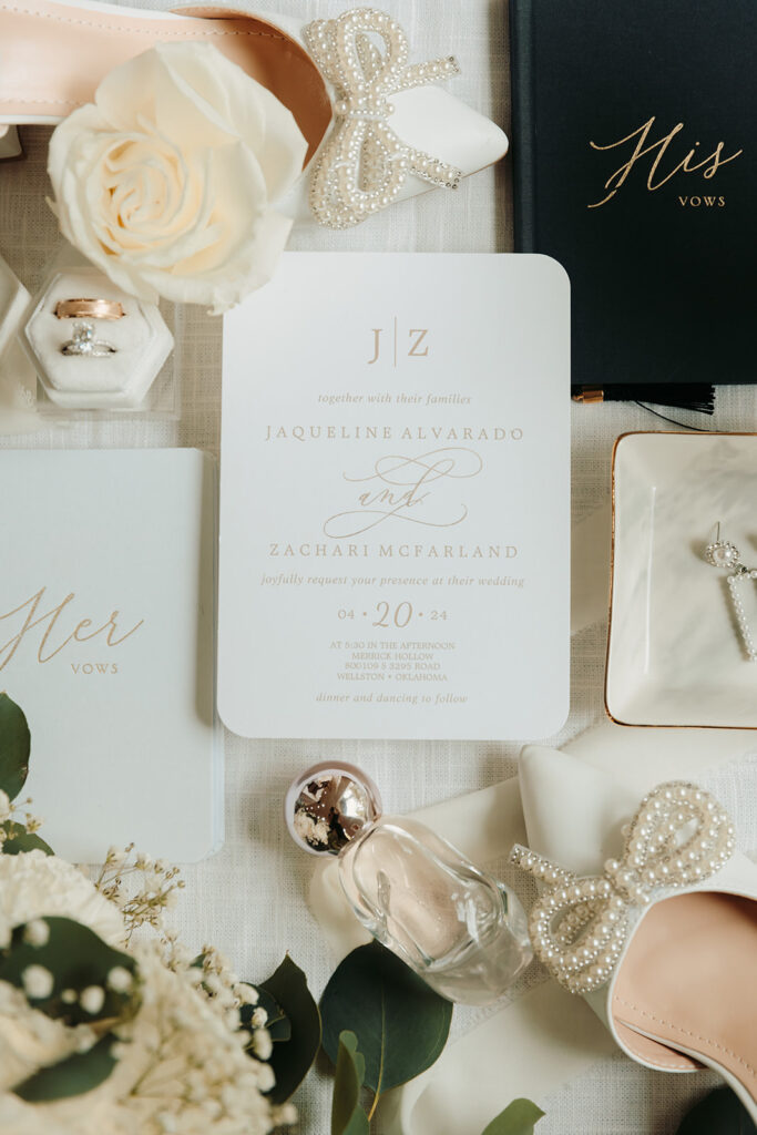 oklahoma city wedding photographer. Showing wedding details with classic white pearl details