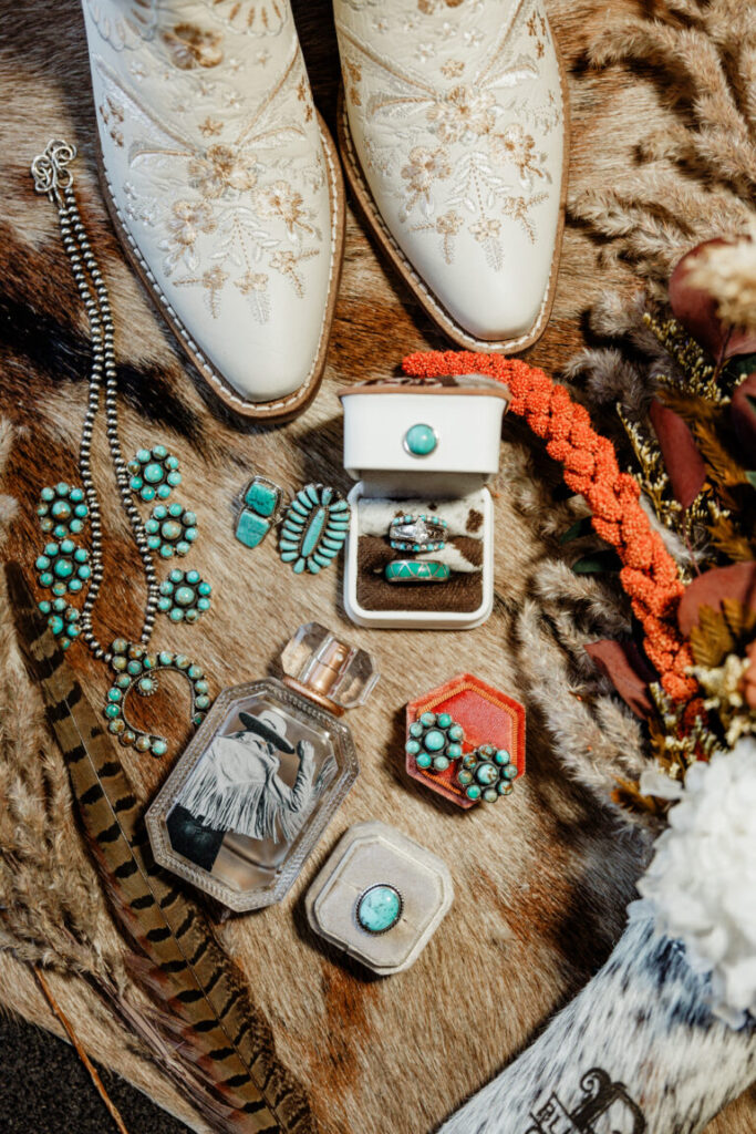 Oklahoma city wedding photographer, details box for western style wedding, turquoise jewelry and white boots