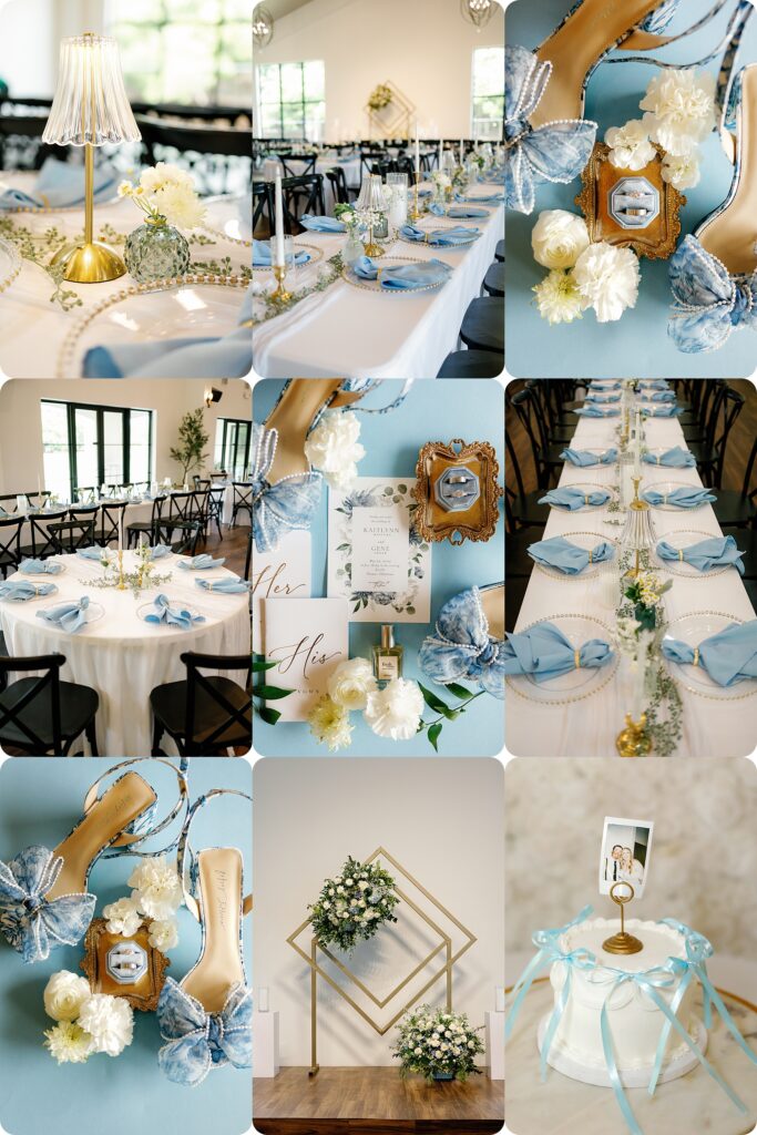 Flatlay of bride’s blue butterfly heels, invitation suite, ring box, and perfume bottle on a soft blue background – detail photo for Oklahoma wedding photography inspiration.