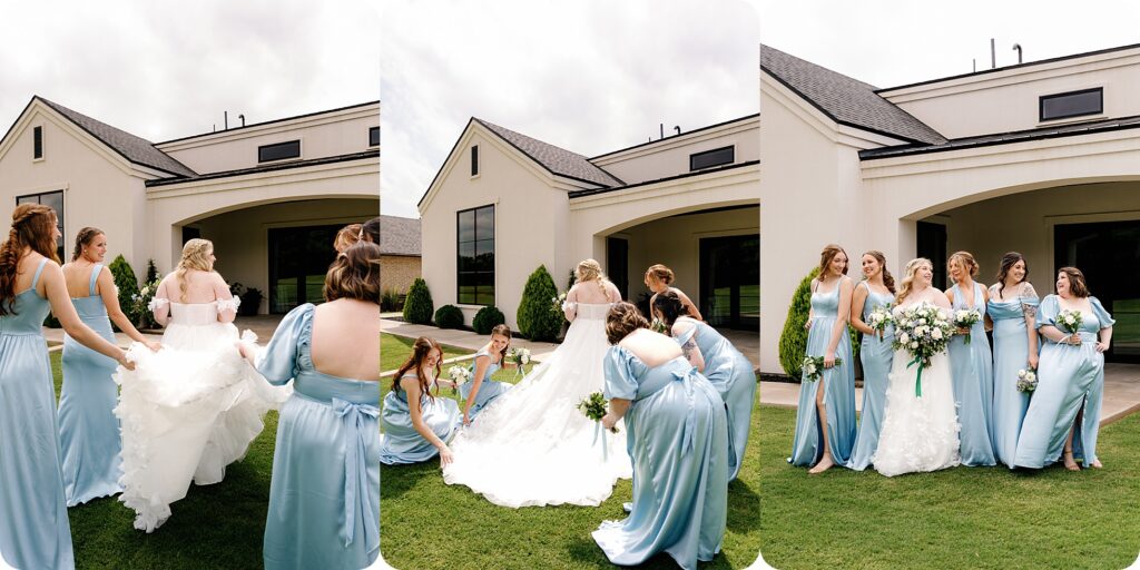 Bride with her bridesmaids wearing satin blue dresses outside Sorelle wedding venue in Oklahoma – candid bridal party portraits.