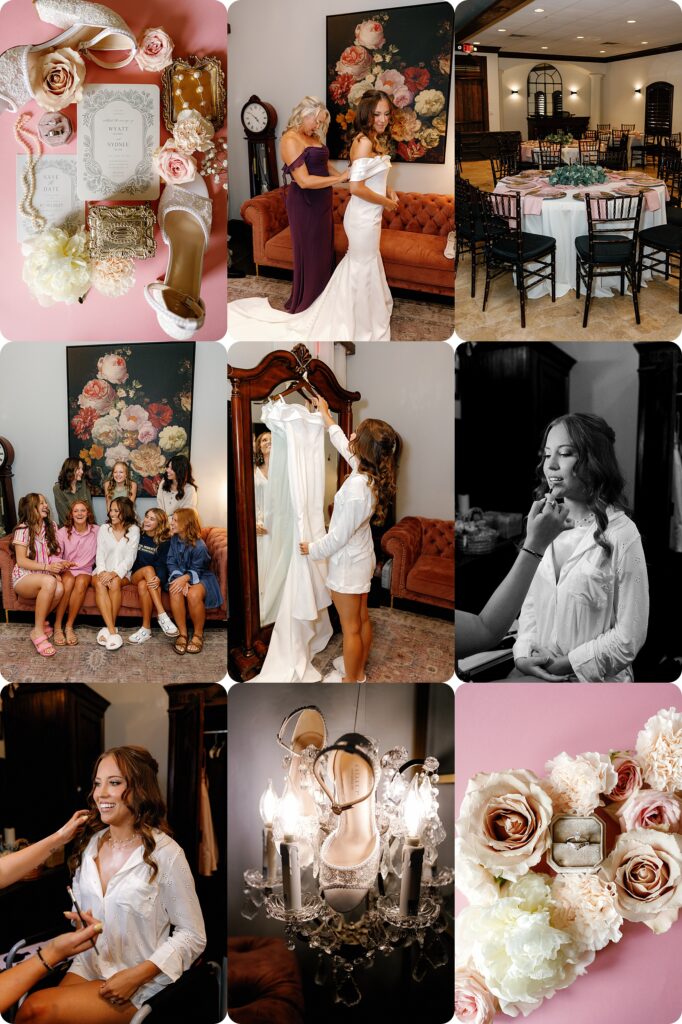 Bride and bridesmaids in pajamas laughing together before getting ready at Rose Briar Place, 
