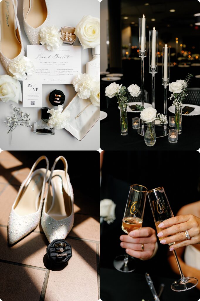 Oklahoma wedding detail photos

Elegant wedding flat lay

Black and white wedding reception decor

Timeless wedding table setting

Sparkly wedding shoes and rings

Champagne toast wedding photo

Black and white wedding theme