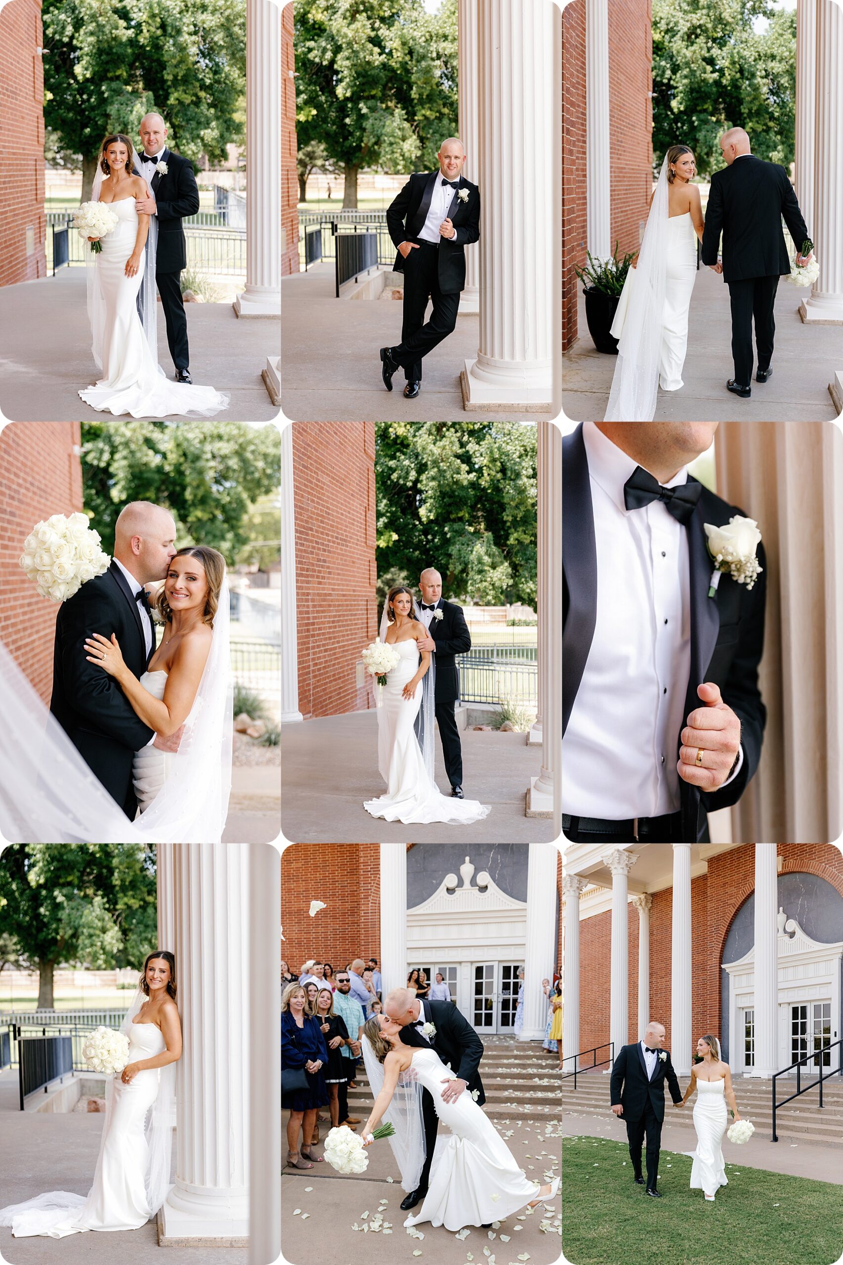 Elegant black and white wedding portraits outside Baptist Church in Weatherford Bride and groom kissing under church columns in Oklahoma Timeless wedding portrait of couple on steps of Weatherford Baptist Church