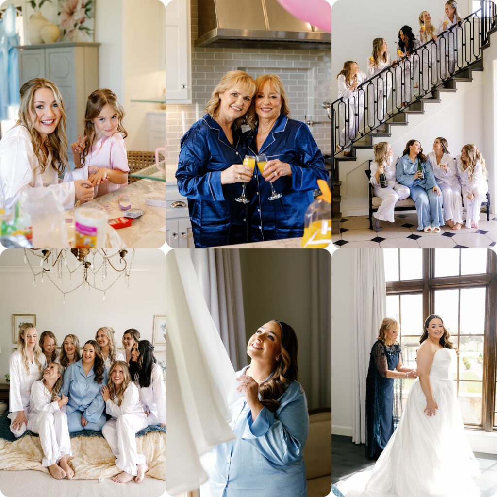 Wedding getting-ready collage at The Bower featuring the bride and bridesmaids in matching pajamas, candid moments with a flower girl, champagne toasts, and joyful group photos, along with soft natural light portraits and an emotional moment of the bride being helped into her dress by her mom near large windows.