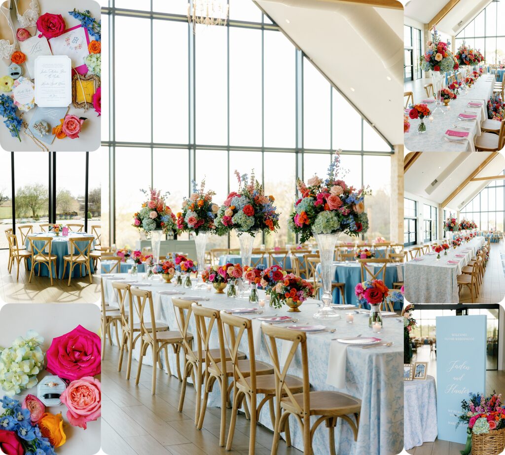 Colorful wedding reception at The Bower featuring long tables with soft blue linens, wooden cross-back chairs, and vibrant floral centerpieces in pink, orange, and blue, set against floor-to-ceiling windows with natural light pouring in. Collage includes detailed flat lay of invitations and rings, close-up florals, and a welcome sign display.