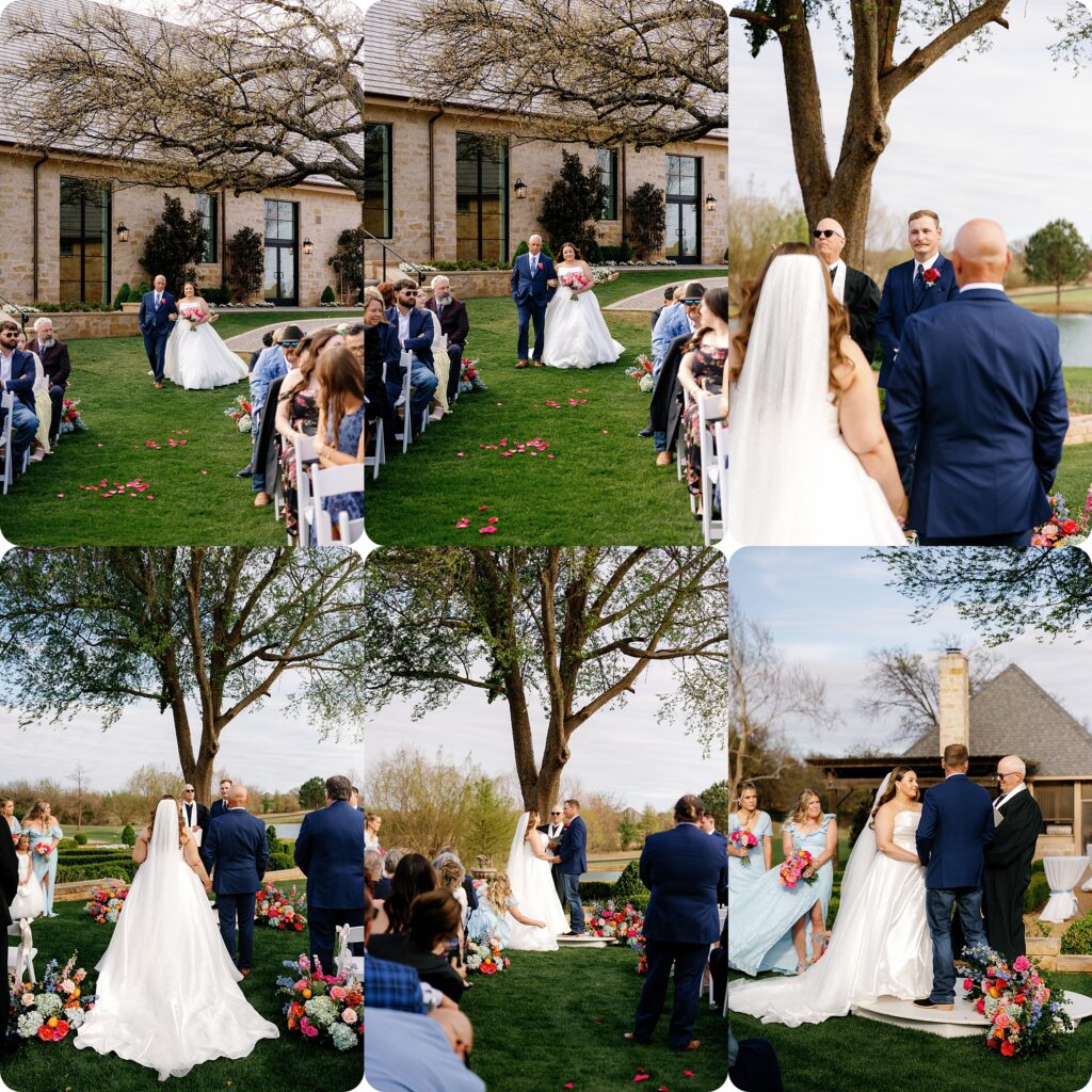 Outdoor wedding ceremony at The Bower featuring the bride walking down a grassy aisle with her father, surrounded by guests seated on white chairs. The ceremony takes place beneath large trees with colorful florals lining the aisle, capturing moments of the couple at the altar, the bridal party standing nearby, and the exchange of vows in a scenic, nature-filled setting.