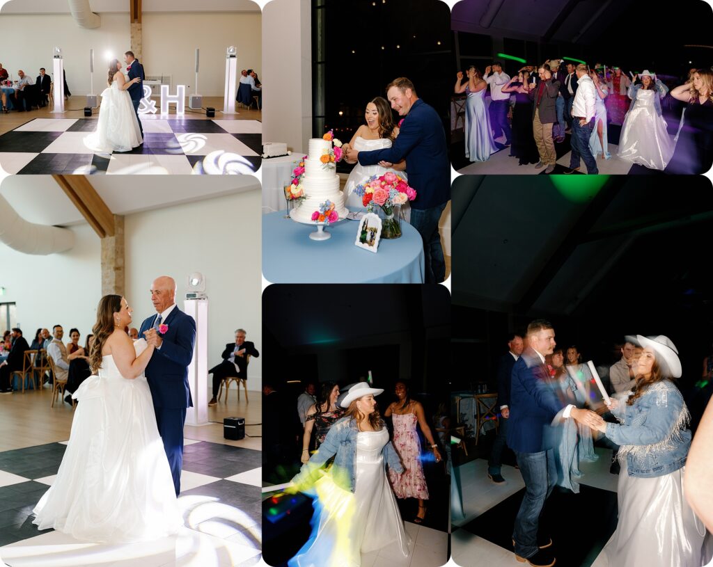 Wedding reception collage at The Bower featuring the couple’s first dance on a black and white checkered floor with glowing initials, cake cutting with colorful florals, a father-daughter dance, and a lively dance floor with guests celebrating, neon glow sticks, and fun outfit changes including a denim jacket and cowboy hat.